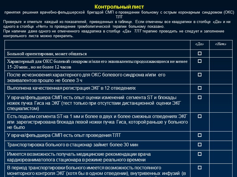 Контрольный лист принятия решения врачебно-фельдшерской бригадой СМП о проведении больному с острым коронарным синдромом